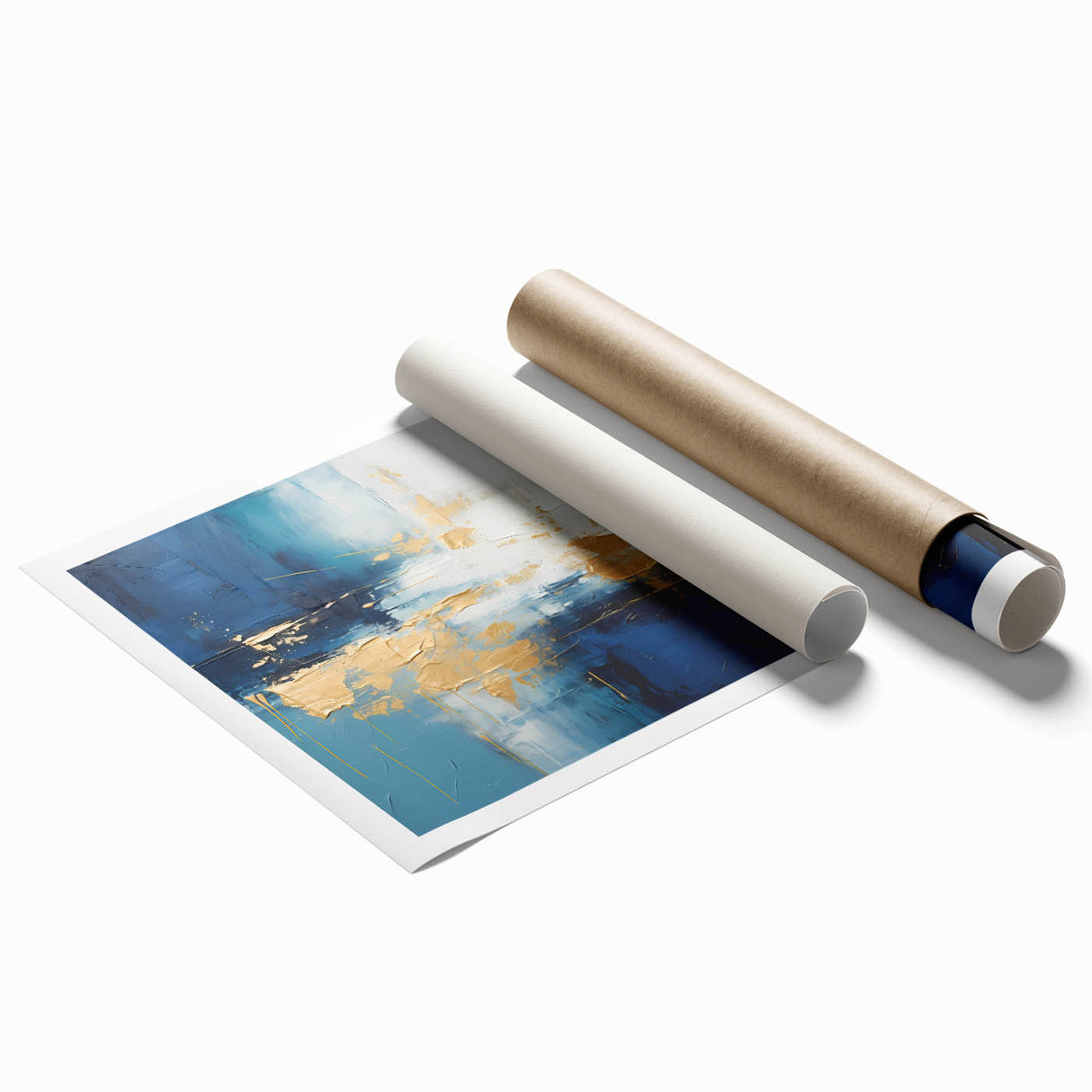 Abstract strokes wall art print showcasing vibrant hues of blue, orange, and yellow, rolled and ready for display, perfect for modern home decor.