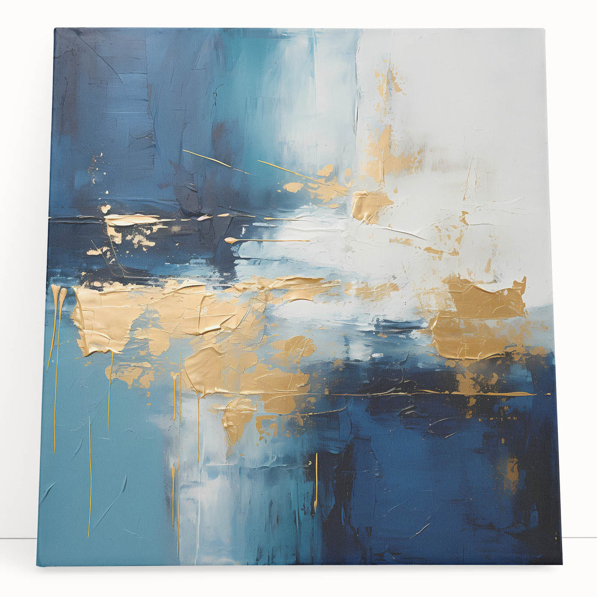 Abstract strokes wall art on stretched canvas, featuring vibrant colors of blue, orange, and yellow, leaning against a neutral wall, adding a modern touch to home decor. Ideal for art enthusiasts seeking contemporary designs.