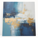 Abstract strokes wall art on stretched canvas, featuring vibrant colors of blue, orange, and yellow, leaning against a neutral wall, adding a modern touch to home decor. Ideal for art enthusiasts seeking contemporary designs.