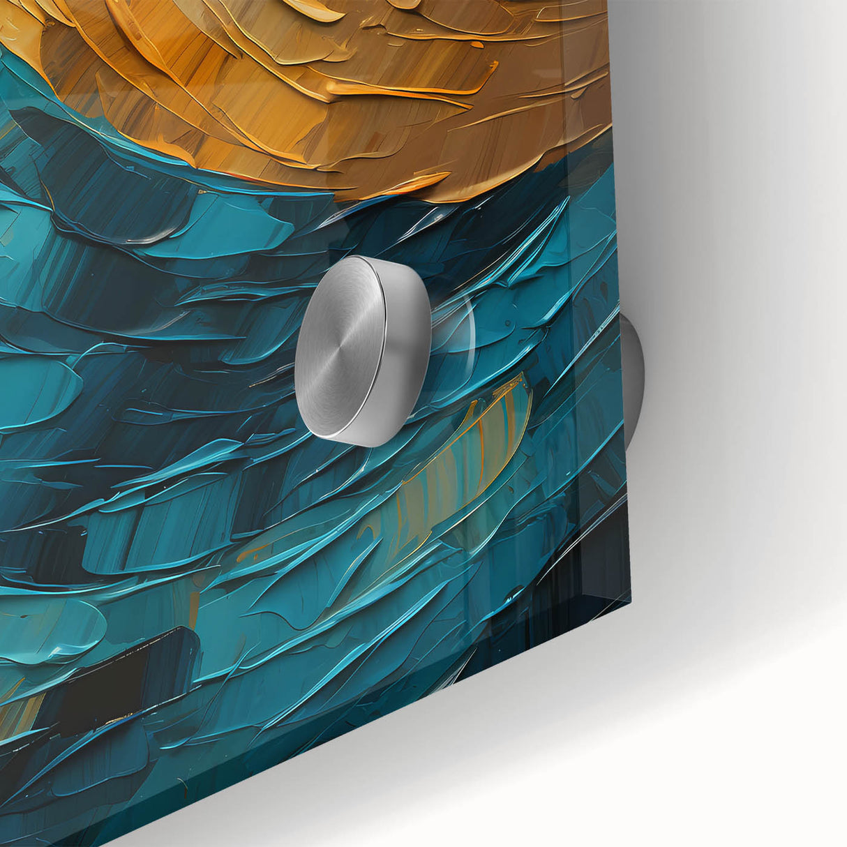 Abstract wall art featuring vibrant strokes in shades of blue, orange, and yellow, printed on acrylic glass with a glossy finish, perfect for modern decor.