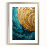 Abstract wall art featuring vibrant strokes in blue, gold, and silver, framed with a sleek silver mat, perfect for modern home decor.