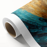 Abstract wall art canvas print showcasing vibrant strokes in shades of blue, orange, and yellow, ideal for modern home decor, rolled and ready for framing.