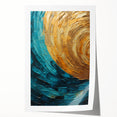 Abstract wall art print showcasing vibrant strokes in shades of blue, orange, and yellow, rolled for delivery, perfect for modern decor enhancement.