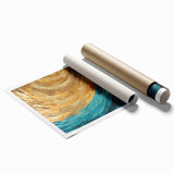 Abstract wall art print showcasing vibrant strokes in shades of blue, gold, and white, rolled and ready for framing, perfect for modern home decor.