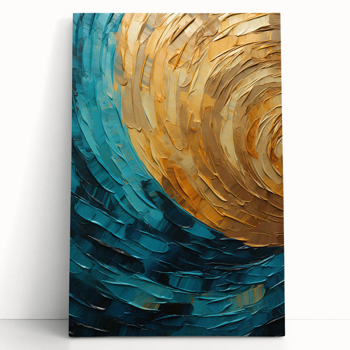Abstract wall art featuring vibrant strokes in blue, orange, and gold on a stretched canvas, leaning against a neutral wall, perfect for modern decor.