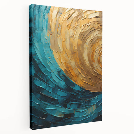 Abstract wall art featuring vibrant strokes in shades of blue, yellow, and pink on a stretched canvas, showcasing a side view for depth and texture.