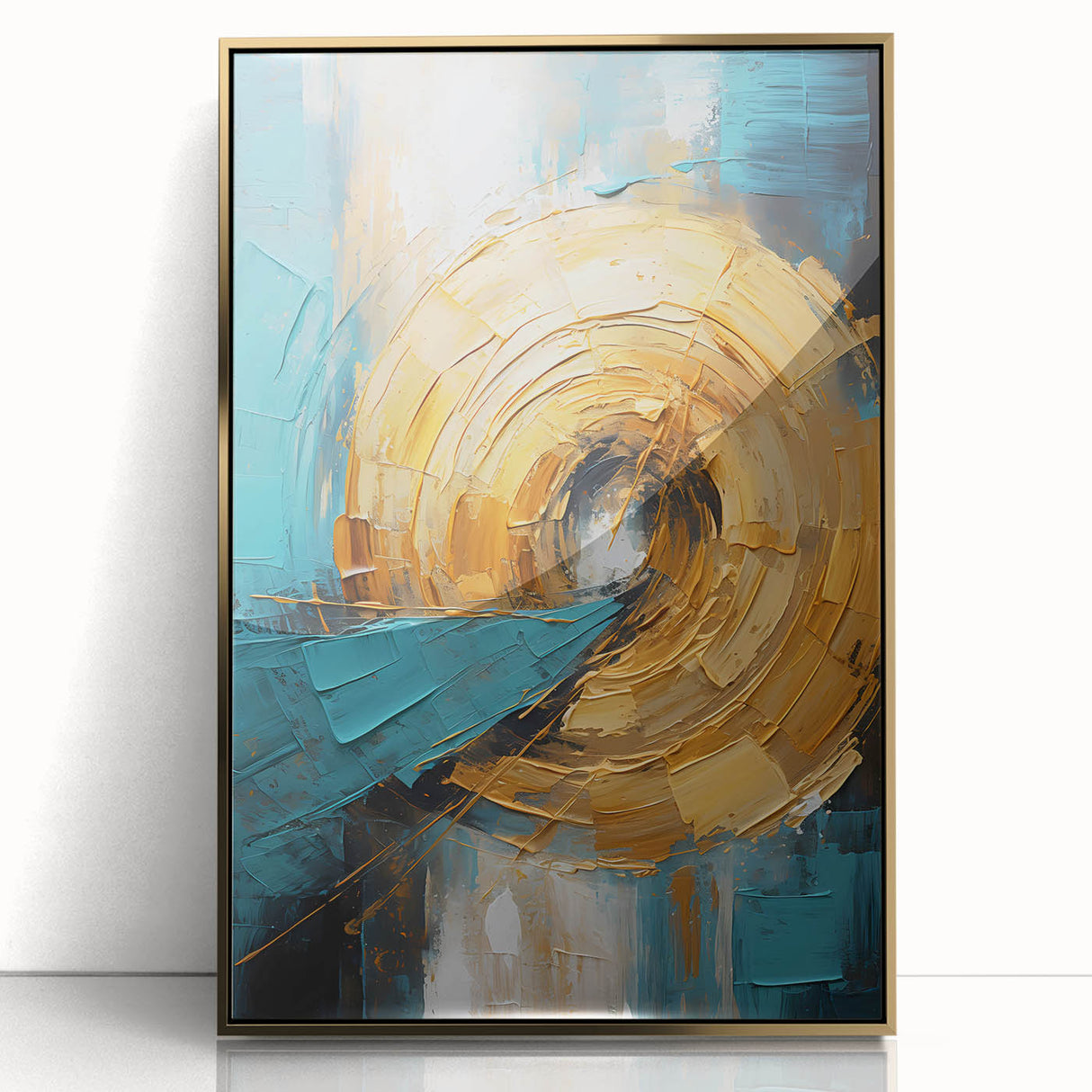 Framed abstract wall art featuring gold strokes on a textured surface, showcasing a modern design ideal for contemporary home decor. Perfect for adding elegance and sophistication to any room.