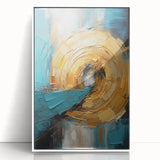Framed abstract wall art featuring vibrant strokes in shades of blue, pink, and gold, with a sleek white frame, ideal for modern home decor.