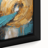 Close-up of abstract strokes wall art featuring vibrant colors of blue, pink, and gold on a framed canvas, ideal for modern home decor.