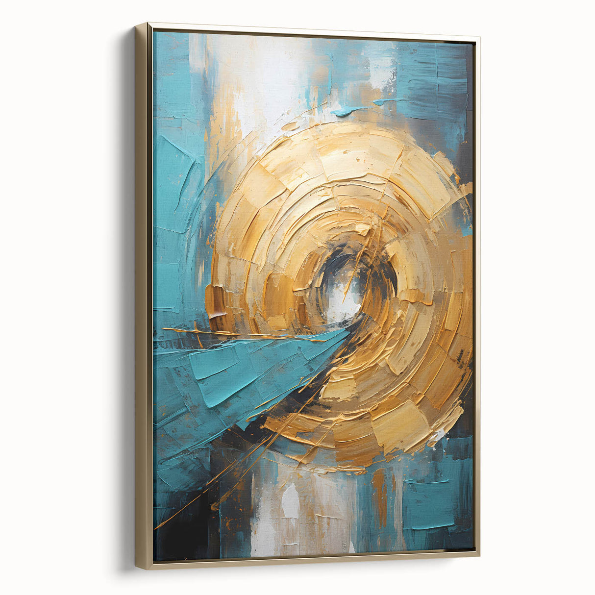 Framed canvas wall art showcasing abstract strokes in gold and neutral tones, elegantly displayed from a side view, perfect for modern home decor.