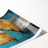 Abstract strokes wall art print showcasing vibrant blue, orange, and yellow hues on a textured surface, ideal for modern home decor. Rolled and ready for framing.