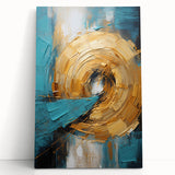 Abstract wall art on stretched canvas featuring vibrant strokes in shades of blue, orange, and yellow, leaning against a textured wall, ideal for modern home decor.