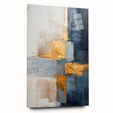 Abstract wall art design featuring vibrant strokes in shades of blue, orange, and yellow, displayed in a sleek acrylic glass frame, emphasizing contemporary decor style.