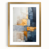 Abstract wall art featuring vibrant strokes in gold and neutral tones, framed with a matte finish, ideal for modern home decor and enhancing interior aesthetics.