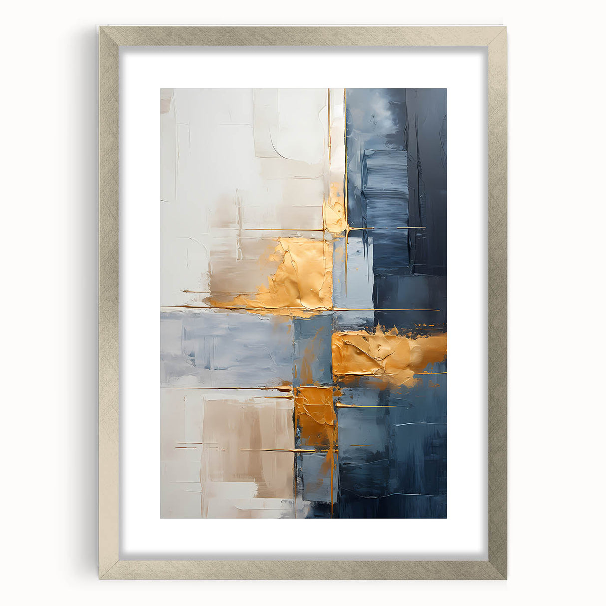 Abstract wall art featuring vibrant strokes in shades of blue, orange, and gold, framed with a silver mat, showcasing a modern design ideal for contemporary decor.
