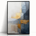 Framed abstract wall art with colorful strokes in shades of blue, yellow, and black, highlighting modern artistic expression. Perfect for contemporary home decor.