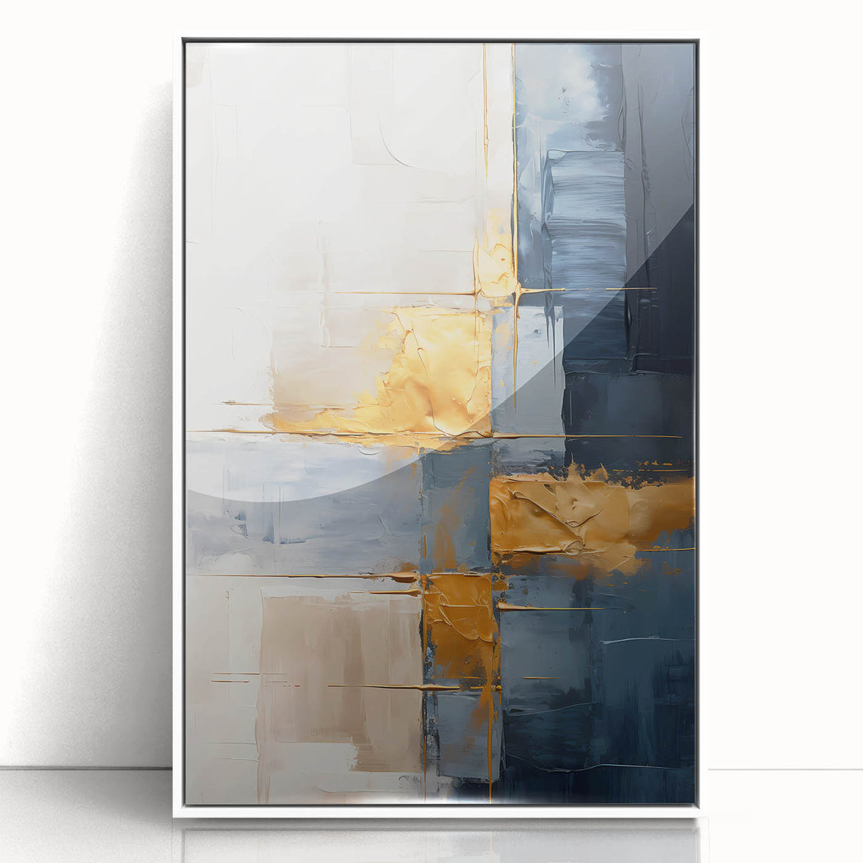 Framed acrylic wall art featuring abstract strokes in vibrant hues of blue, pink, and gold, designed to enhance modern home decor with a contemporary aesthetic.