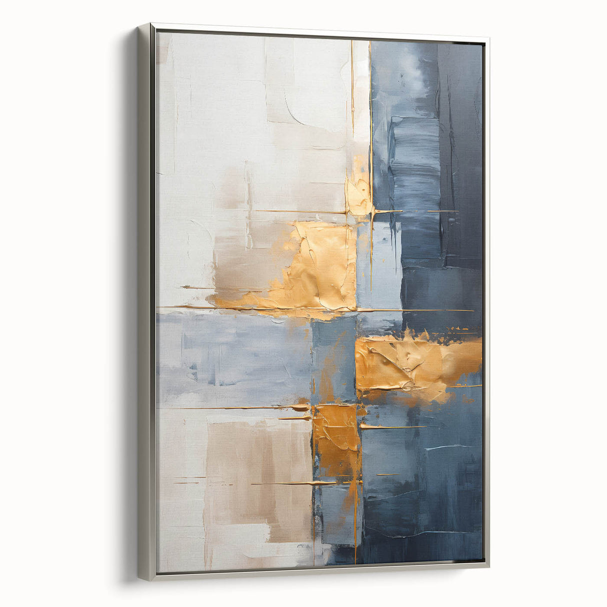 Framed canvas wall art showcasing an abstract design of silver strokes on a textured background, ideal for modern home decor or office spaces, enhancing aesthetic appeal.