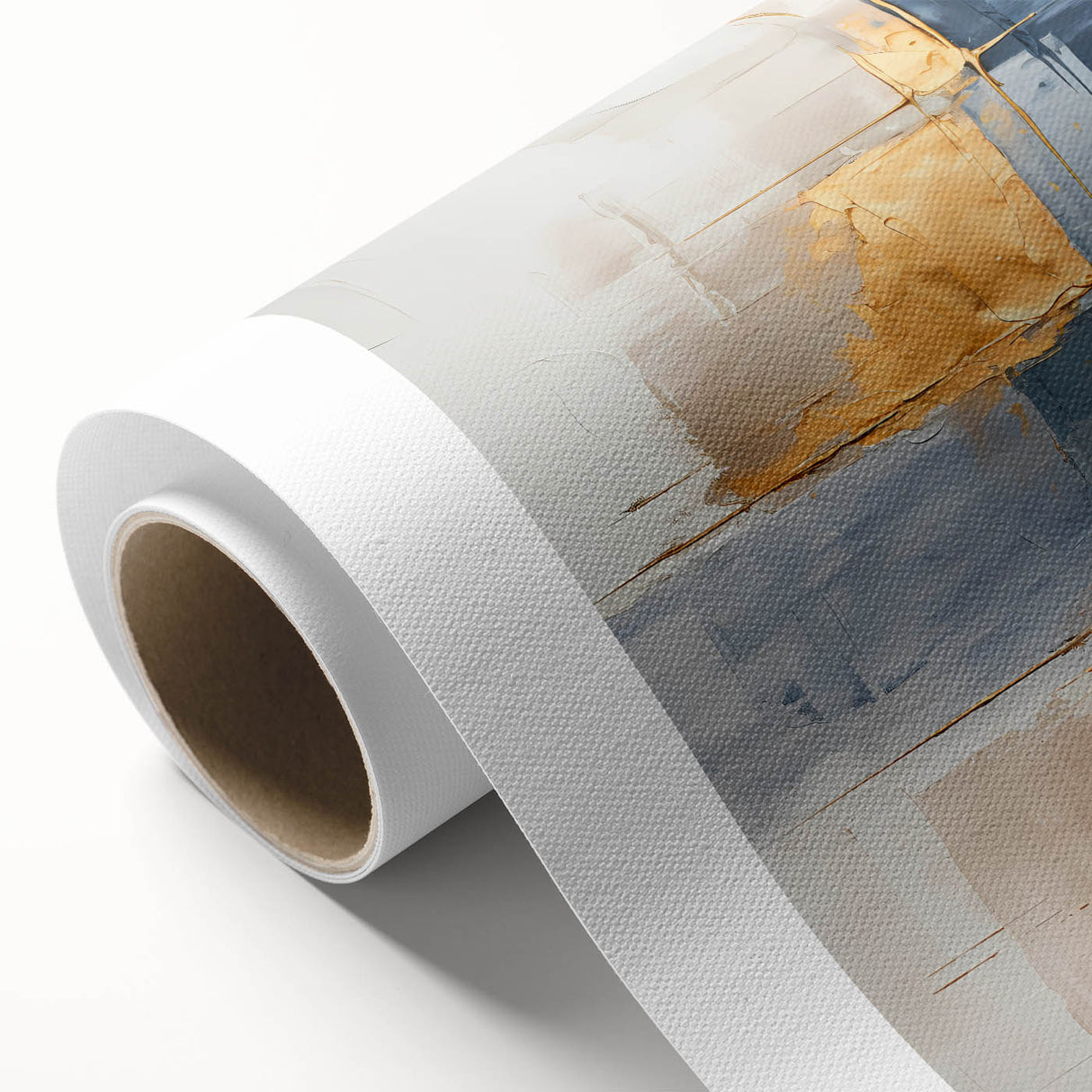 Abstract wall art on rolled canvas showcasing vibrant strokes in shades of blue, orange, and gold, ideal for modern home decor and artistic spaces.
