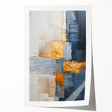 Abstract wall art print featuring vibrant strokes in shades of blue, orange, and yellow, showcasing a modern design. Ideal for contemporary home decor.