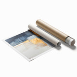 Abstract wall art print featuring vibrant strokes in shades of blue, orange, and yellow, designed for modern decor. Perfect for enhancing living spaces or offices.