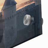 Close-up view of a vibrant acrylic glass artwork depicting a majestic castle landscape, showcasing intricate details and vivid colors, perfect for home decor.