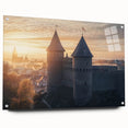 Acrylic landscape artwork depicting a majestic castle, showcased in a side view with decorative pins, set against a vibrant backdrop. The piece emphasizes intricate details and color, making it a striking addition to any decor.