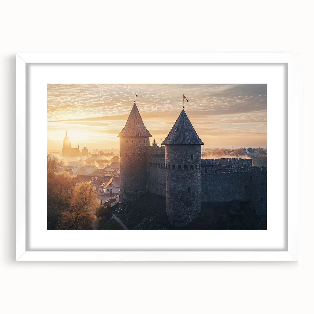 Elegant landscape print of a medieval castle framed with a white mat, showcasing intricate architectural details and lush surroundings, perfect for home decor.