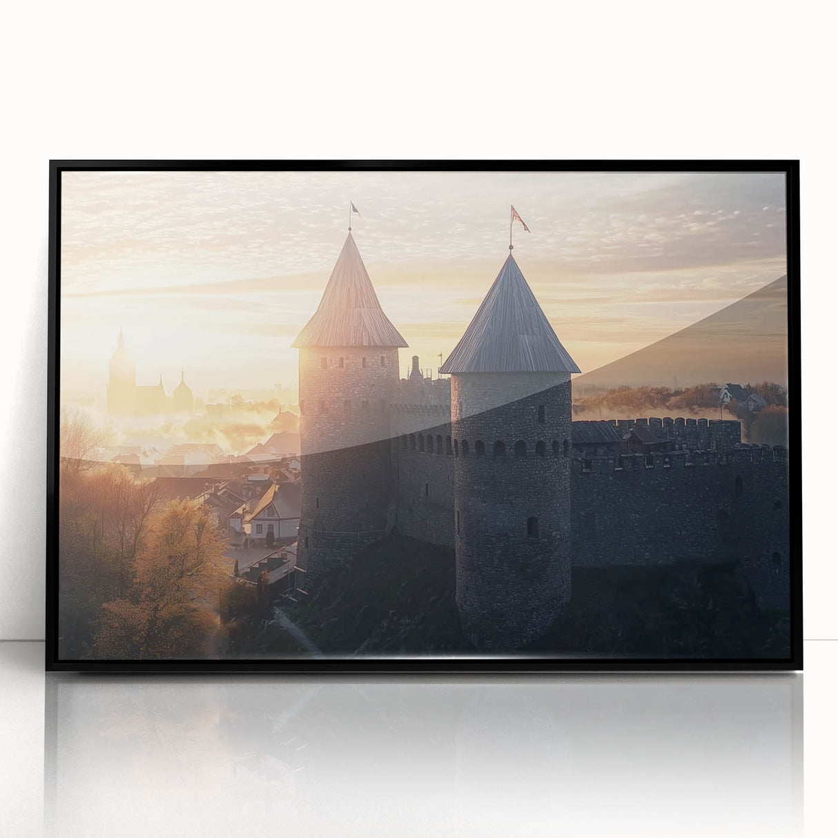 Framed acrylic artwork showcasing a vibrant landscape featuring a majestic castle set against a serene backdrop, displayed in a sleek black frame. Ideal for home décor enthusiasts seeking elegant and timeless wall art options.
