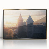 Framed acrylic artwork depicting a serene landscape with a majestic castle, elegantly bordered in gold, perfect for enhancing home decor with a touch of elegance.