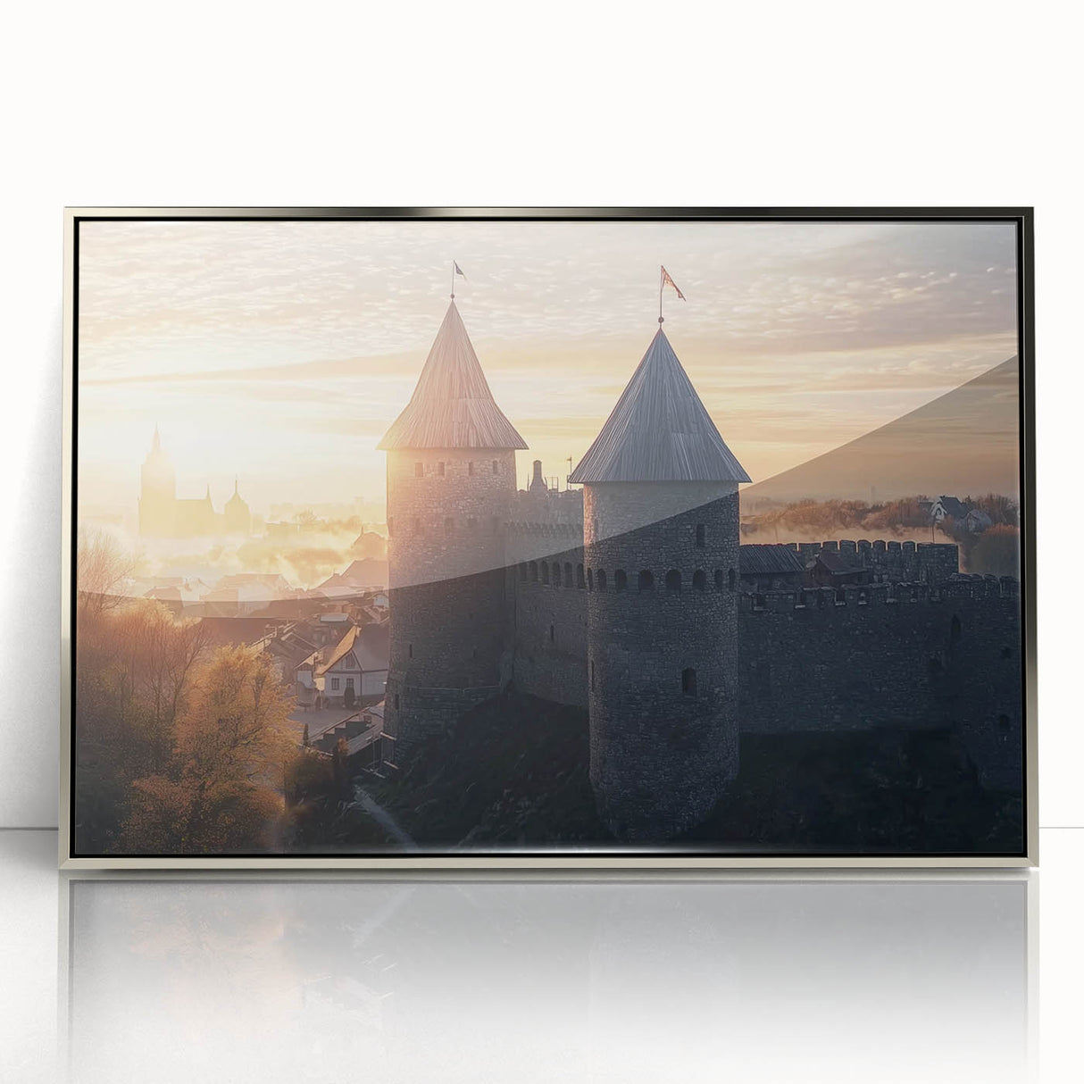 Framed acrylic artwork showcasing a picturesque landscape with a majestic castle, highlighted by a silver frame, perfect for enhancing home decor.