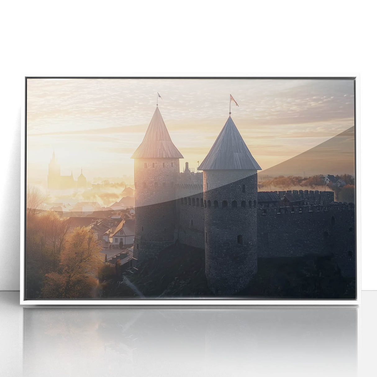 Framed acrylic artwork showcasing a vibrant landscape of a castle, set against a serene sky, with a sleek white frame enhancing its elegance. Perfect for home decor.