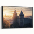Framed canvas artwork showcasing a picturesque landscape with a majestic castle, set against a serene backdrop. The canvas features a sleek black frame and a side view, perfect for enhancing home decor. The detailed imagery captures the essence of tranquility, making it ideal for art enthusiasts and interior design lovers.