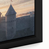 Framed canvas artwork showcasing a vibrant landscape with a majestic castle, rich colors, and intricate details, perfect for enhancing home decor.