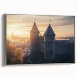 Framed canvas artwork showcasing a picturesque landscape with a majestic castle, elegantly bordered in silver, perfect for enhancing home décor.