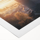 Vibrant rolled canvas artwork depicting a picturesque landscape with a majestic castle surrounded by lush greenery and a serene sky, ideal for home decor.