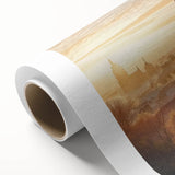 Rolled canvas artwork depicting a vibrant landscape with a majestic castle surrounded by lush greenery, designed for home decor, showcased in a protective cardboard tube.