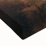 Close-up of a stretched canvas artwork depicting a serene landscape with a majestic castle surrounded by lush greenery, showcasing vibrant colors and intricate details.