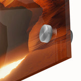 Close-up of a vibrant acrylic glass artwork depicting abstract landscapes and caves, showcasing intricate details and rich colors, ideal for modern home decor.