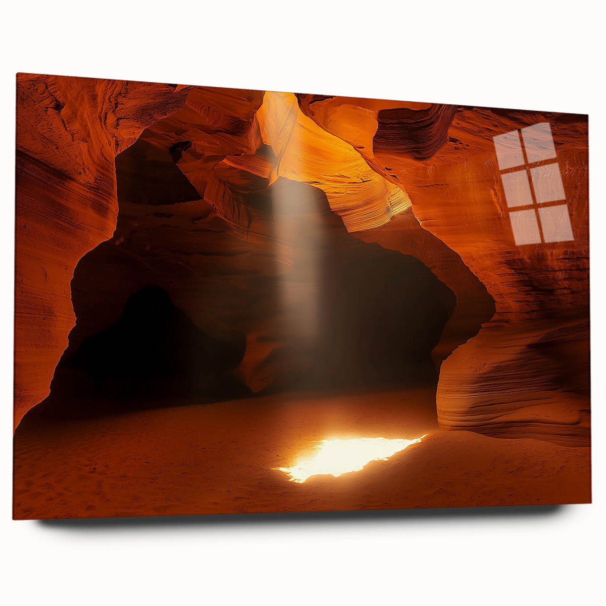 Acrylic landscape artwork depicting a serene cave scene, showcasing vibrant colors and intricate details, displayed in a sleek glass frame without pins. Ideal for modern home decor.