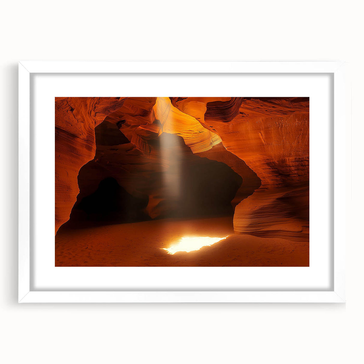 Framed landscape artwork depicting a serene cave scene with a white mat, perfect for home decor. Ideal for nature lovers seeking elegant wall accents.