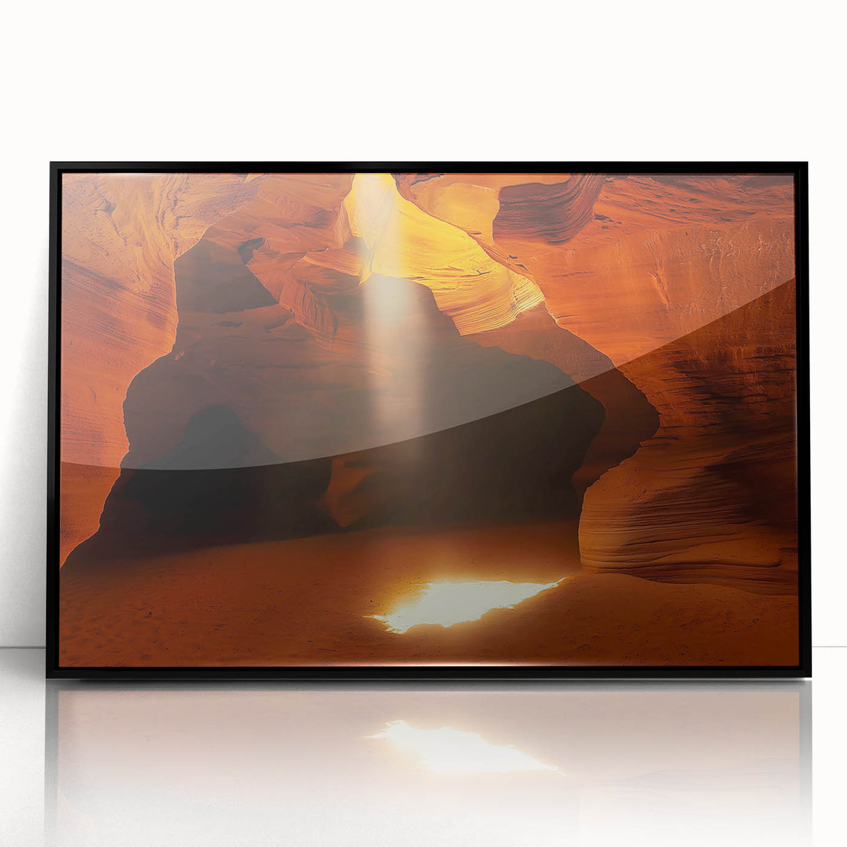 Framed acrylic artwork showcasing a stunning landscape with caves, featuring a sleek black frame. Ideal for modern home decor, adding depth and elegance to any space.