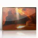 Framed acrylic artwork showcasing a stunning cave landscape with golden accents, perfect for modern home decor. Ideal for art enthusiasts and nature lovers.
