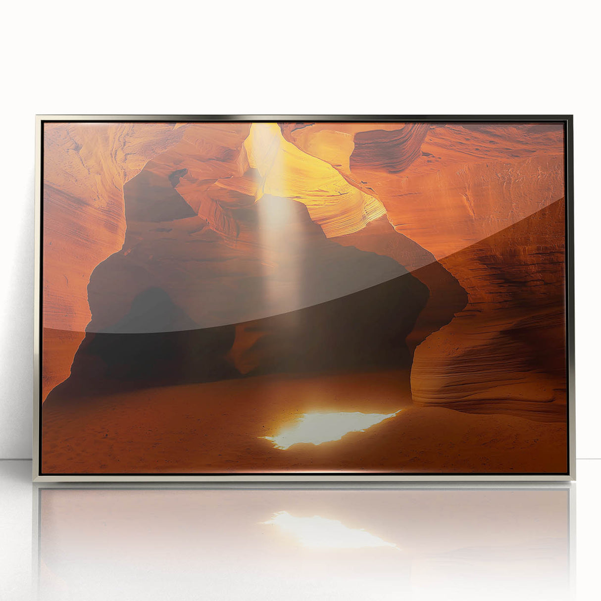 Framed acrylic artwork depicting a stunning landscape featuring intricate cave formations, showcasing a silver border and vivid colors that enhance any decor.