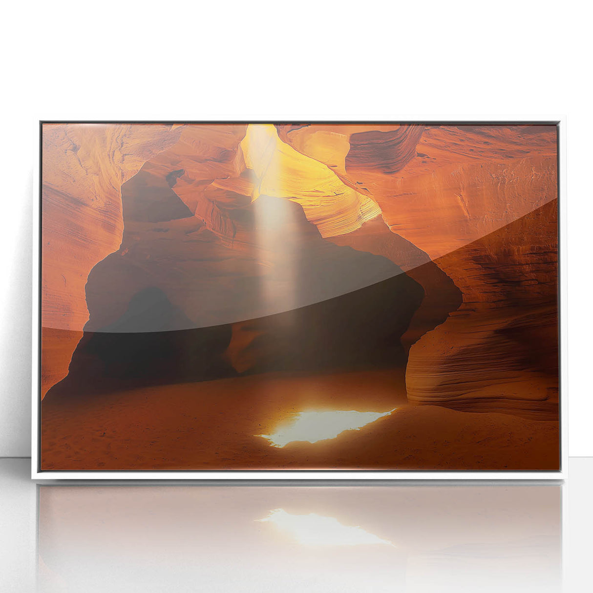 Framed acrylic artwork depicting a serene landscape with cave formations, featuring vibrant colors and intricate details, set against a sleek white frame for modern decor.
