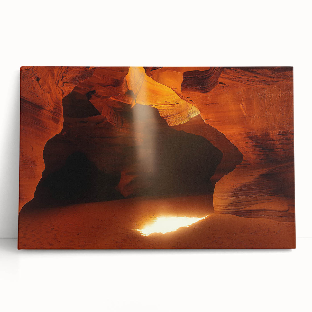 Stretched canvas artwork depicting a serene landscape with caves, showcasing earthy tones and textures, perfect for home decor or art enthusiasts.