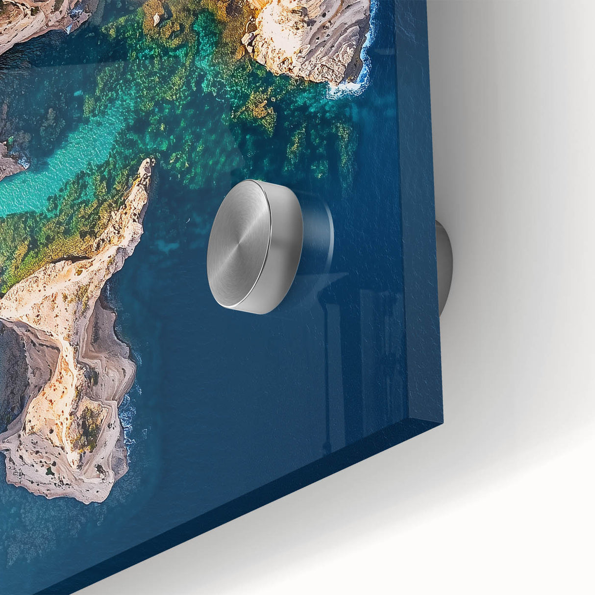 Close-up of a vibrant acrylic landscape artwork showcasing dramatic cliffs against a blue sky, highlighting intricate textures and colors for a stunning visual impact.