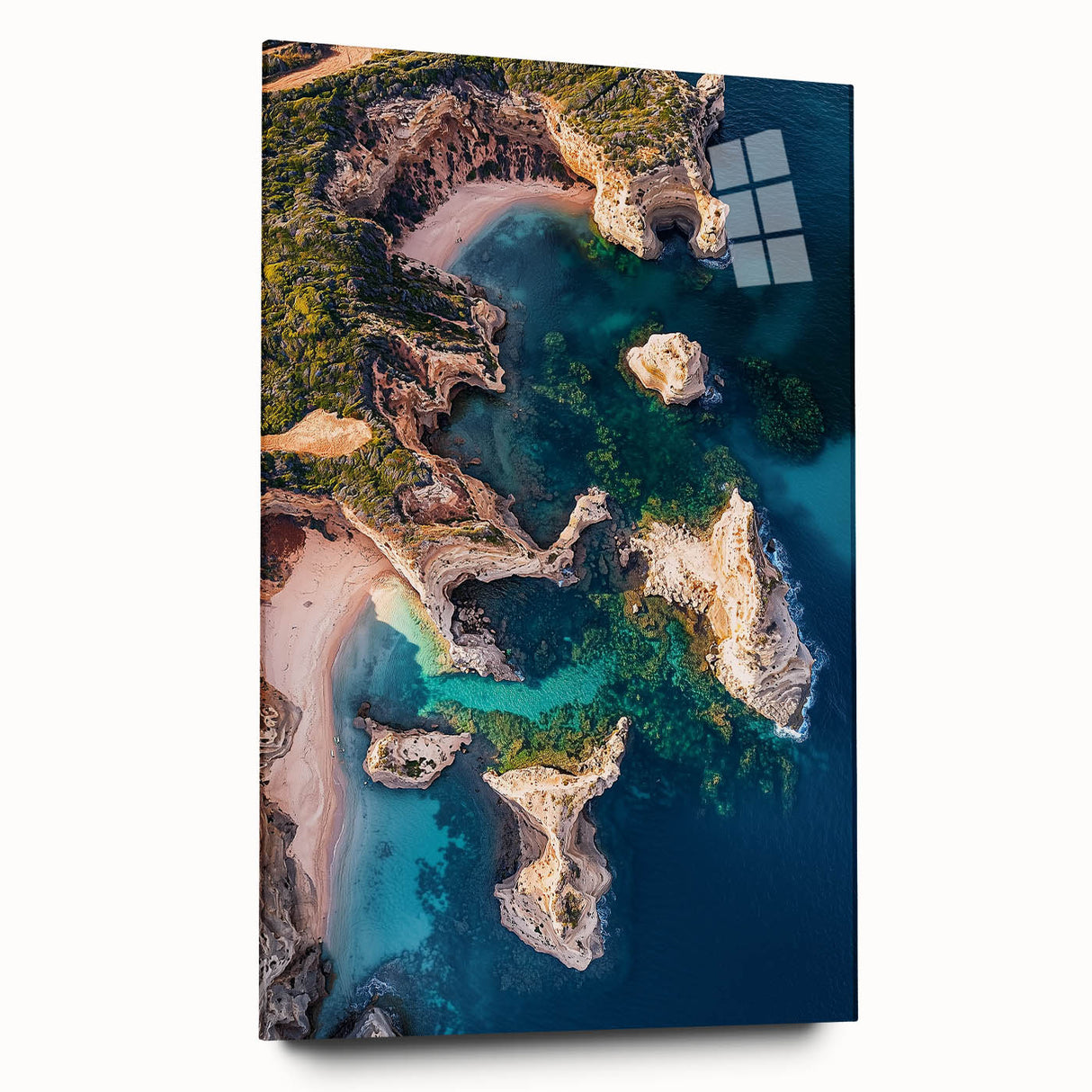 Stunning side view of an acrylic glass landscape artwork showcasing dramatic cliffs and vibrant colors, perfect for contemporary home decor.