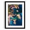 Black-framed landscape artwork featuring dramatic cliffs and vibrant colors, elegantly matted to enhance its visual appeal, perfect for home decor.