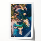 Vibrant landscape canvas print showcasing dramatic cliffs and a serene sky, rolled for easy transport, perfect for home decor and nature enthusiasts.
